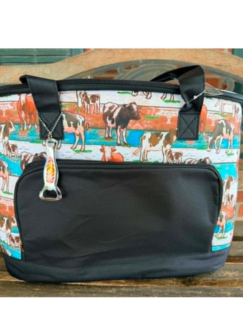 NWT Turquoise & Black Cow Insulated Cooler Storage Tote - farm and ranch cooler